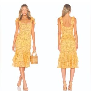 Lovers + Friends Yellow Floral Tie Strap Midi Dress Ruffle Hem Summer Sundress